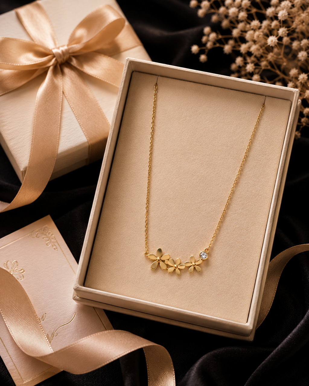Close-up of gold triple graduating matte daisy flower cluster with bezel-set round CZ crystal accent on dainty gold cable chain – 18K gold-plated daisy pendant necklace detail by AureliaBlends