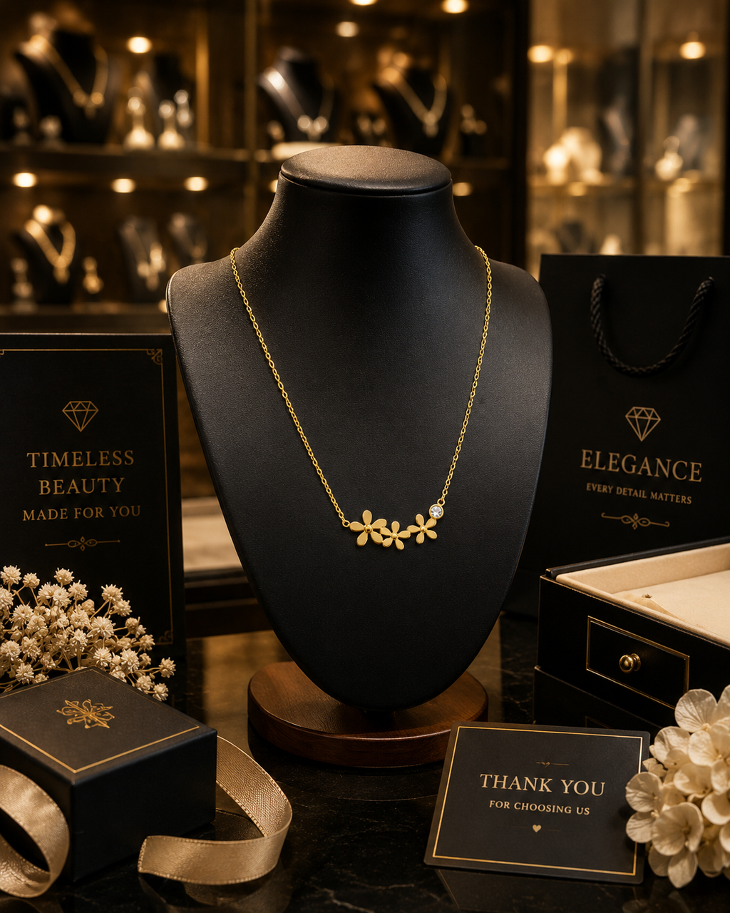 Gold triple daisy flower and CZ pendant necklace flat lay on cream satin with dried flowers and gold botanicals – dainty floral gold necklace gift for her AureliaBlends