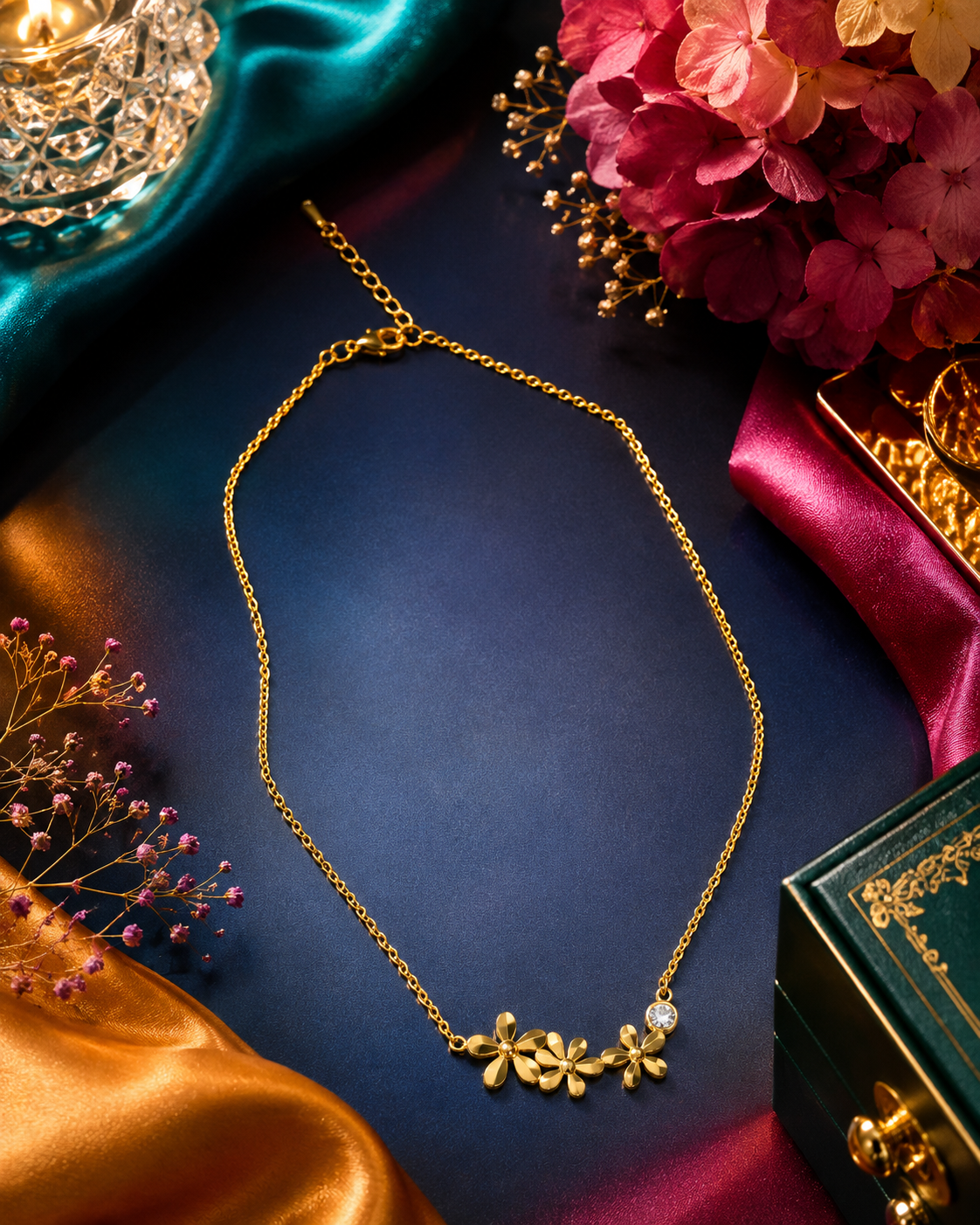 Gold triple daisy flower and CZ crystal pendant necklace flat lay on blush pink surface with scattered rose petals and baby’s breath – feminine floral gold necklace AureliaBlends