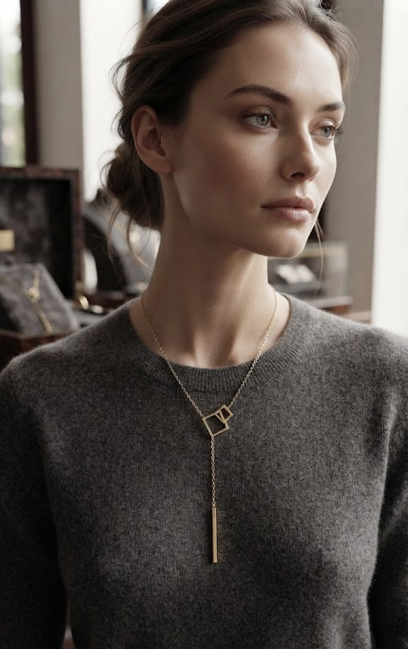 Gold geometric double square lariat Y-necklace with bar drop on dark moody black background with candlelight reflection on dark marble surface – luxury minimalist gold necklace AureliaBlends