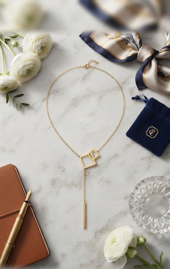 Gold geometric double square lariat Y-necklace with bar drop on dark grey jewellery bust on frosted glass and gold display plinth in minimalist luxury jewellery store – premium geometric gold necklace AureliaBlends