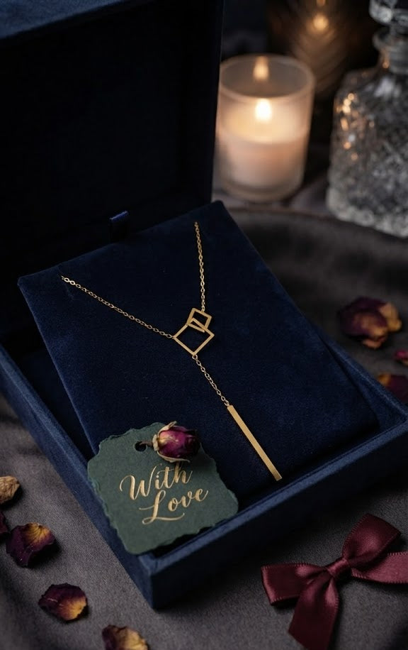 Gold geometric double square lariat Y-necklace with bar drop flat lay on cream surface with white roses and soft natural light – minimalist gold Y-necklace gift for her AureliaBlends