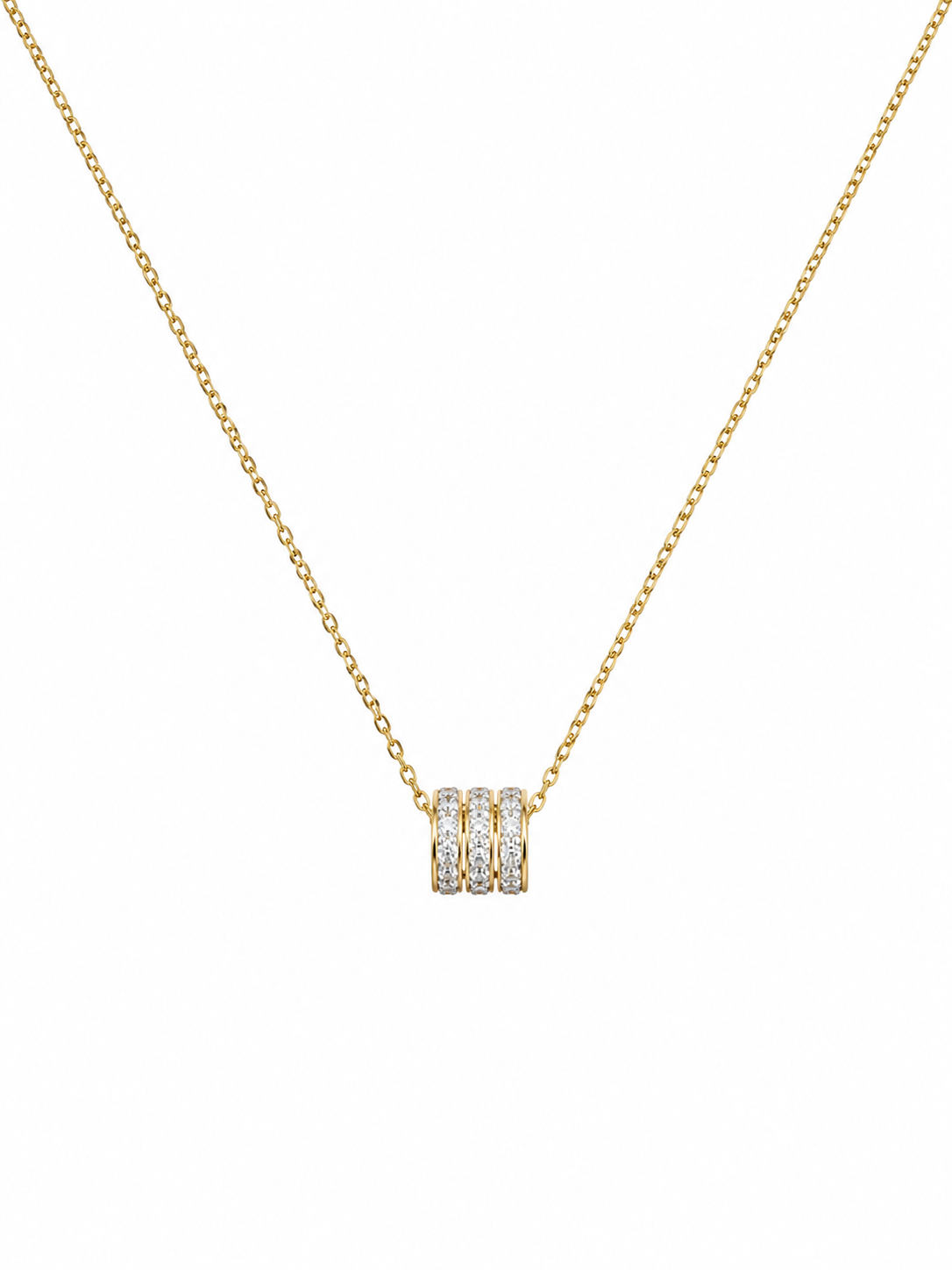 Gold triple pavé CZ crystal ring bead barrel pendant necklace close-up on black velvet – dainty 18K gold-plated diamond-look necklace by AureliaBlends