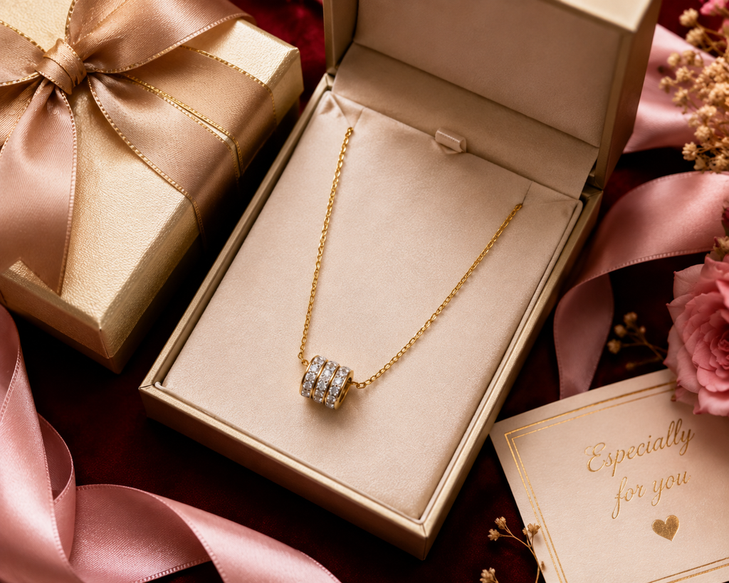 Gold triple pavé CZ crystal ring bead barrel pendant necklace flat lay on blush pink satin with pink dried flowers and gold accessories – feminine sparkle necklace AureliaBlends