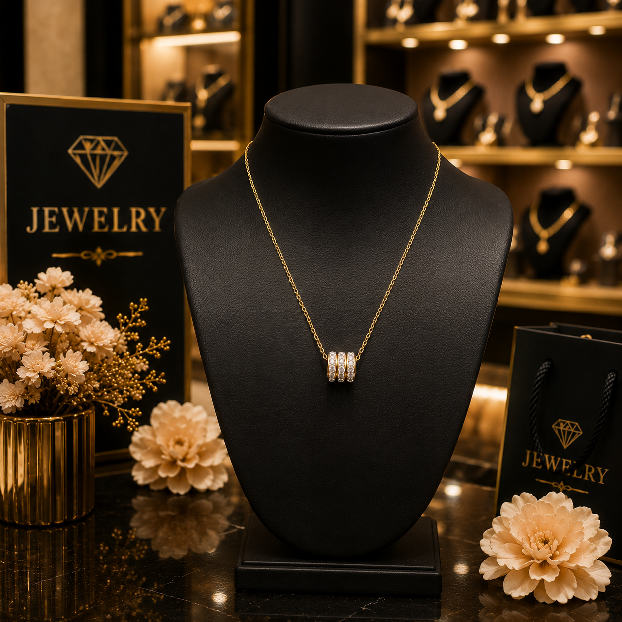 Gold triple pavé CZ crystal ring bead barrel pendant necklace flat lay on dark surface with moody candlelight and gold accessories – luxury CZ diamond-look necklace AureliaBlends