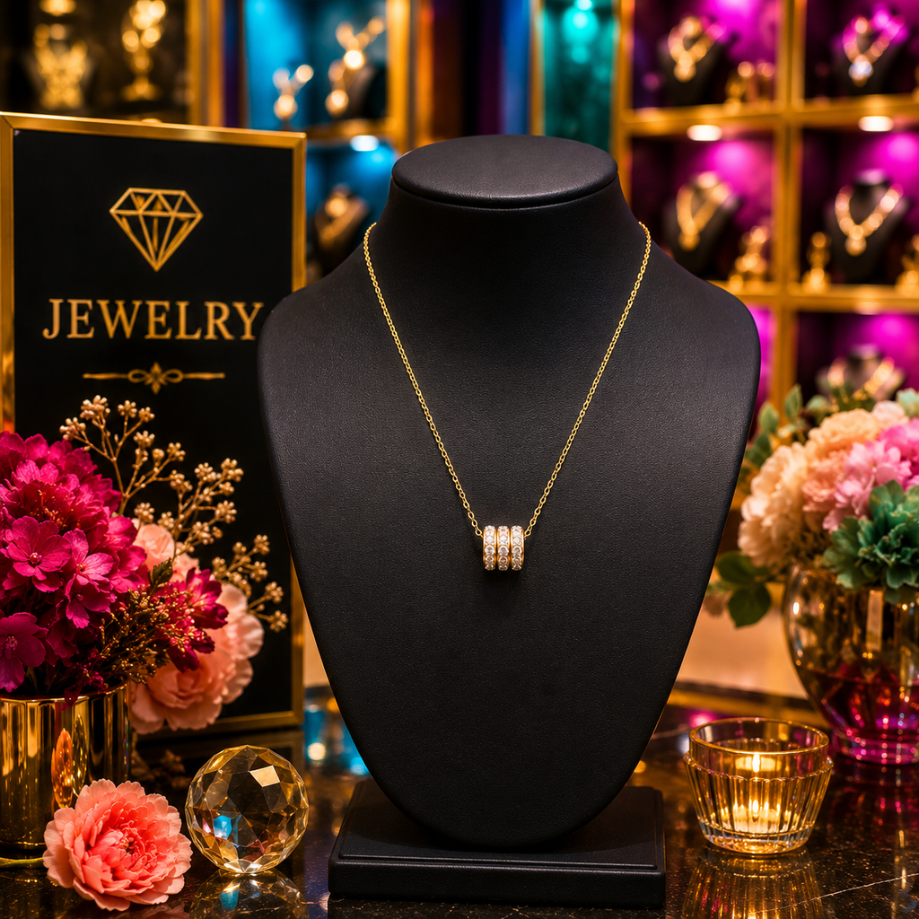 Gold triple pavé CZ crystal ring bead barrel pendant necklace flat lay on cream surface with scattered pearls, dried botanicals and gold ornate dish – elegant sparkle necklace gift AureliaBlends