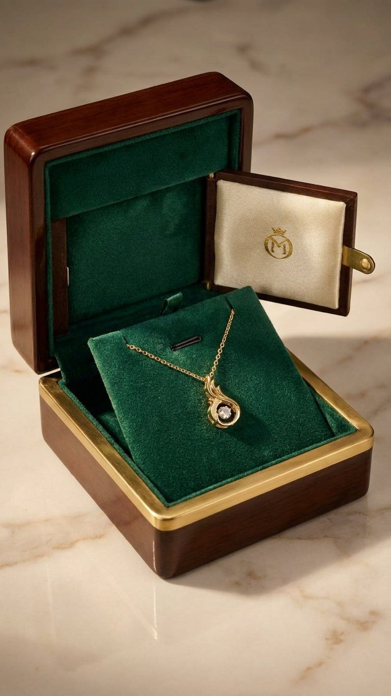 Gold CZ flame swirl pendant necklace on marble surface with emerald green velvet gift box, pink satin ribbon, baby's breath and stud earrings – AureliaBlends bridal jewelry flat lay