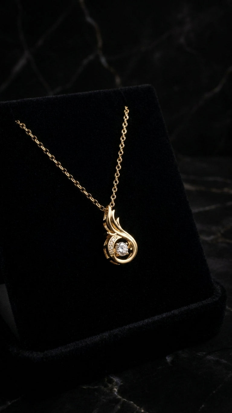 Gold CZ flame swirl pendant necklace on cream jewelry bust in luxury glass boutique showcase with brass frame – AureliaBlends UAE bridal jewelry display