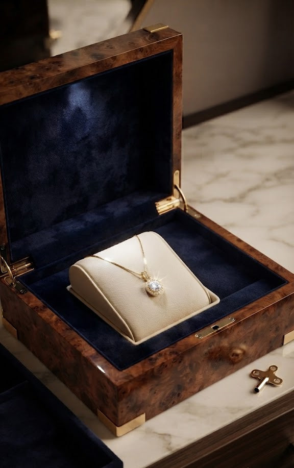 Gold round halo CZ diamond solitaire pendant necklace in open navy blue velvet gift box with white satin interior and For You With Love card, surrounded by red roses – luxury diamond-look necklace gift AureliaBlends