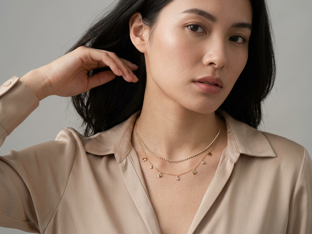 Gold Layered Clover Charm Necklace Set – Sparkling CZ Tennis Chain & Dainty Flower Drop Necklace