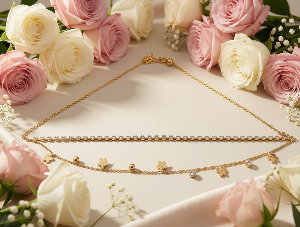 Gold Layered Clover Charm Necklace Set – Sparkling CZ Tennis Chain & Dainty Flower Drop Necklace