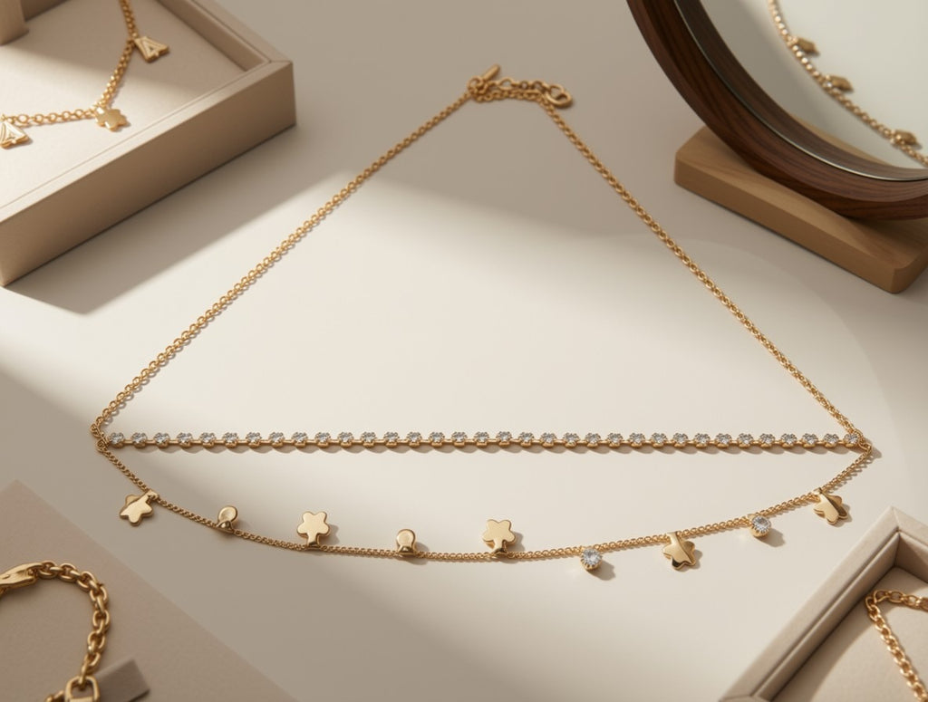 Gold Layered Clover Charm Necklace Set – Sparkling CZ Tennis Chain & Dainty Flower Drop Necklace