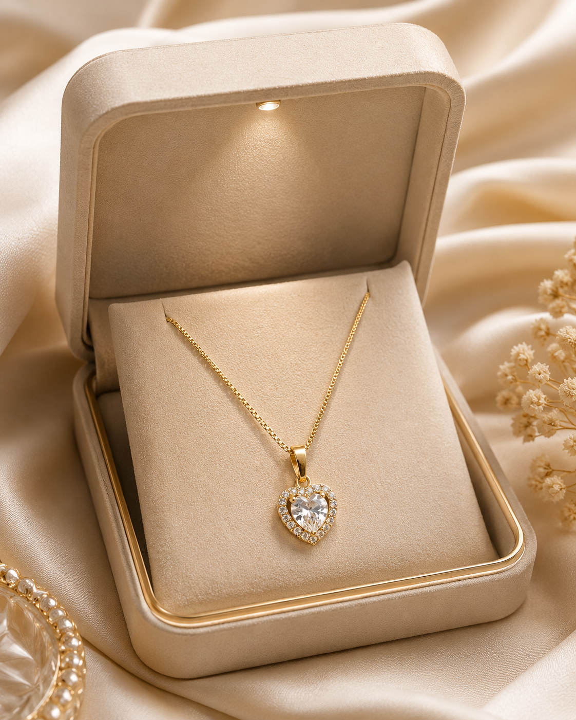 Gold heart halo CZ diamond solitaire pendant necklace flat lay on cream satin with scattered loose pearls, baby’s breath and gold crystal dish – romantic heart pendant necklace AureliaBlends