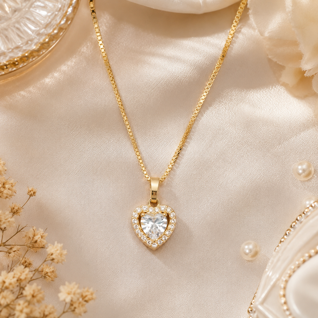 Gold heart halo CZ diamond solitaire pendant necklace in open blush pink velvet gift box with Especially For You card, With Love message card, pink satin ribbon and pink roses – romantic birthday gift necklace AureliaBlends