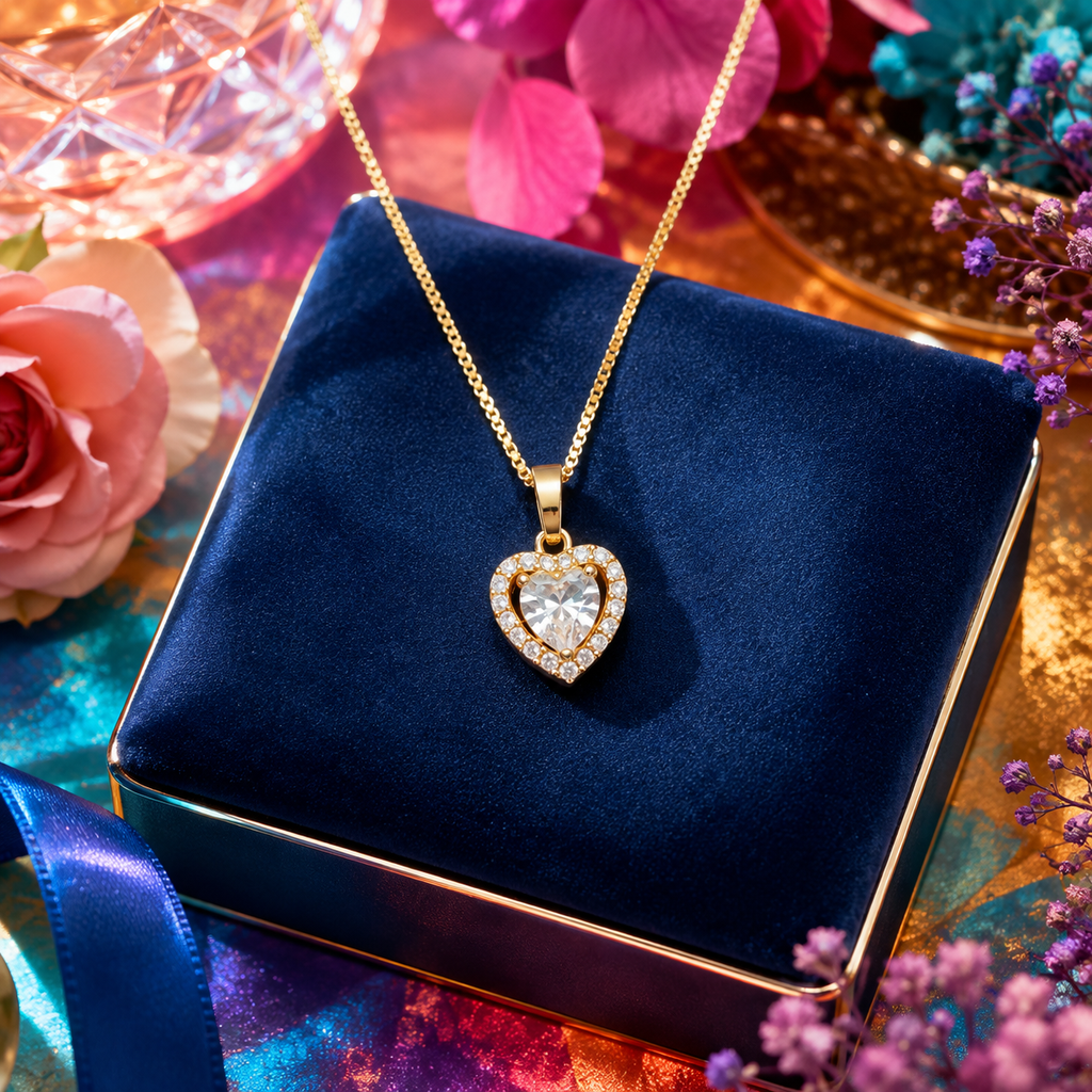 Close-up of gold heart-shaped CZ solitaire centre stone with full pavé halo of round CZ crystals on gold box chain – 18K gold-plated diamond-look heart pendant necklace detail by AureliaBlends