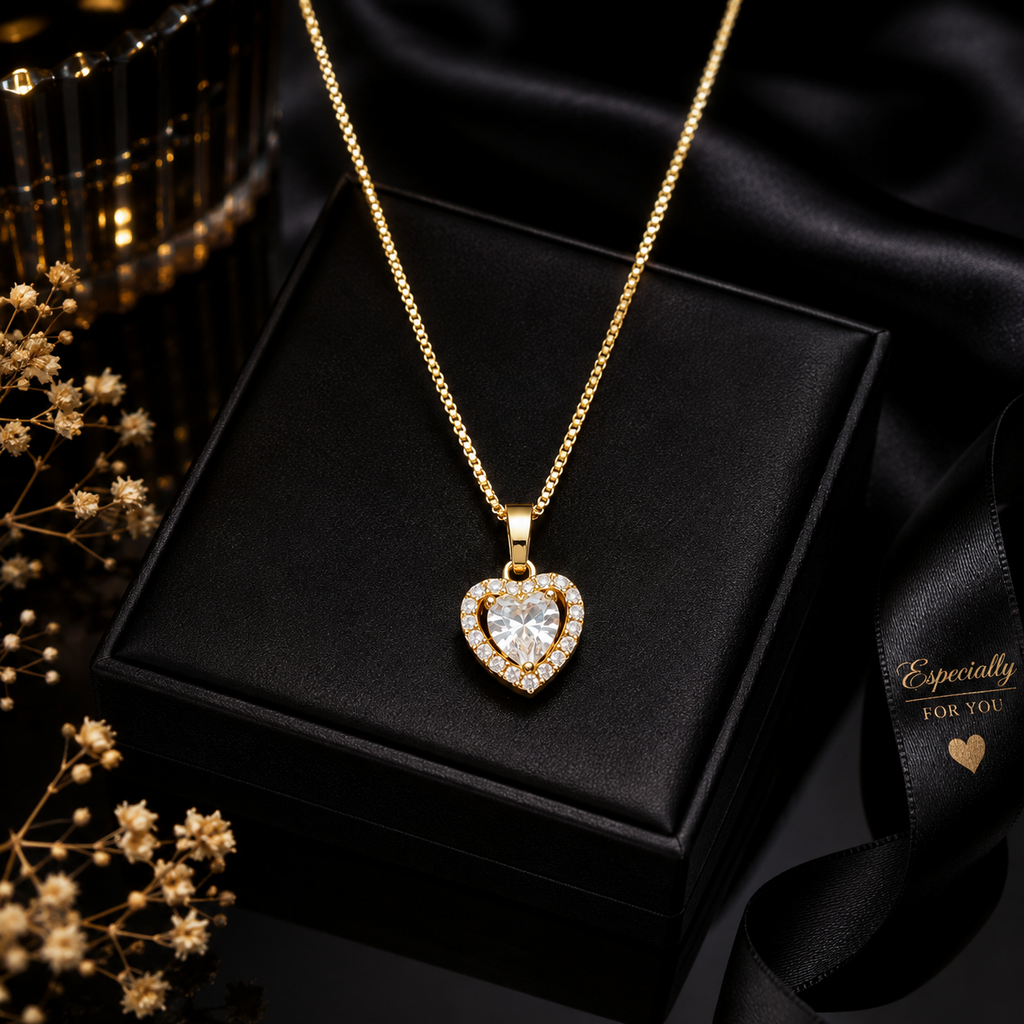 Gold heart halo CZ diamond solitaire pendant necklace flat lay on cream surface with dried botanicals and gold accessories – dainty diamond-look heart pendant necklace gift for her AureliaBlends