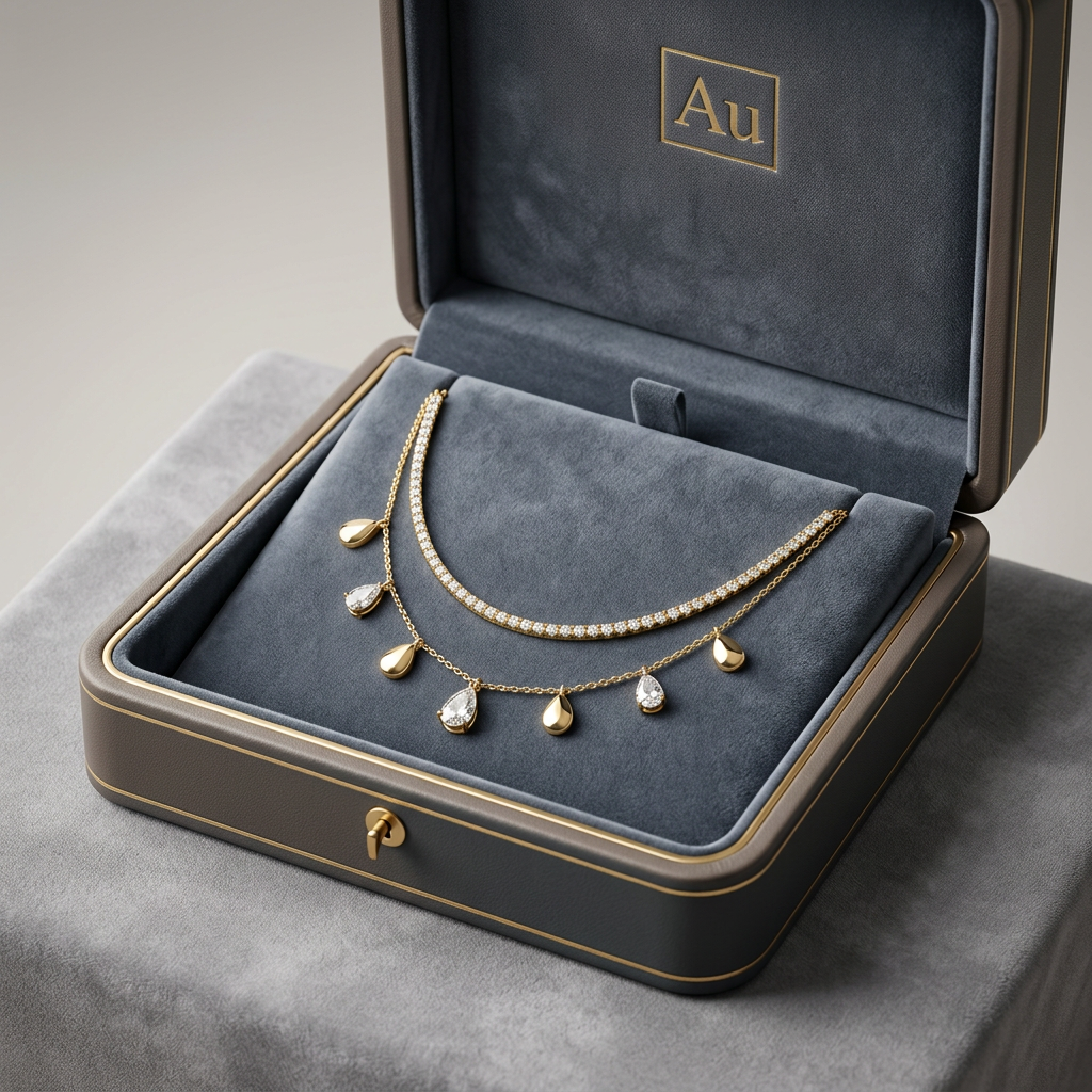 An open dark gray jewelry box with a velvet insert, displaying a gold necklace with five dangling teardrop charms, one of which is clear. The inside lid features a gold square logo with the letters 'Au'.