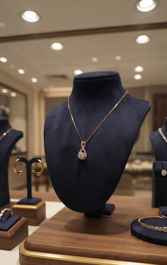 Gold CZ infinity teardrop pendant necklace editorial flat lay with luxury styling props and Forever Yours branding – AureliaBlends