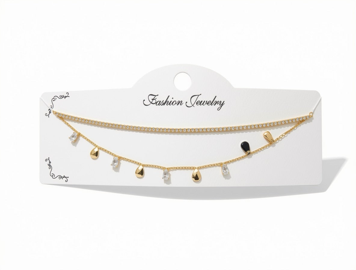 Dazzling Dual-Layer Tennis & Teardrop Charm Necklace – Gold-Tone Statement Chain