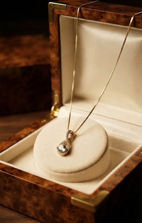 Gold CZ infinity teardrop pendant necklace flat lay on cream silk with white rose petals, loose diamonds and Forever Yours gift card