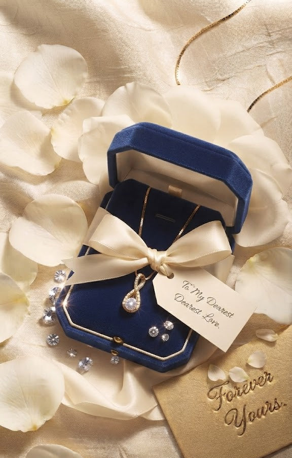 Gold CZ infinity teardrop pendant necklace close-up showing brilliant-cut round CZ centre stone and pavé infinity twist teardrop frame
