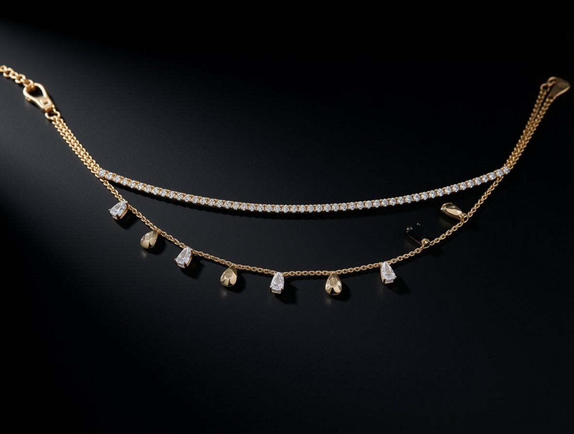 Dazzling Dual-Layer Tennis & Teardrop Charm Necklace – Gold-Tone Statement Chain