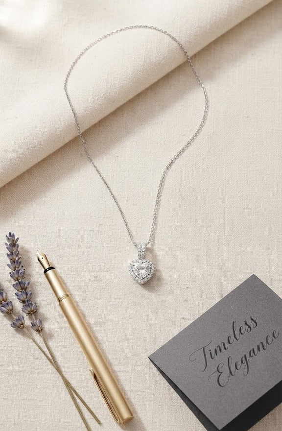 Silver CZ heart halo pendant necklace in open navy blue velvet Forever Yours gift box surrounded by blush roses, white gypsophila and lavender flowers