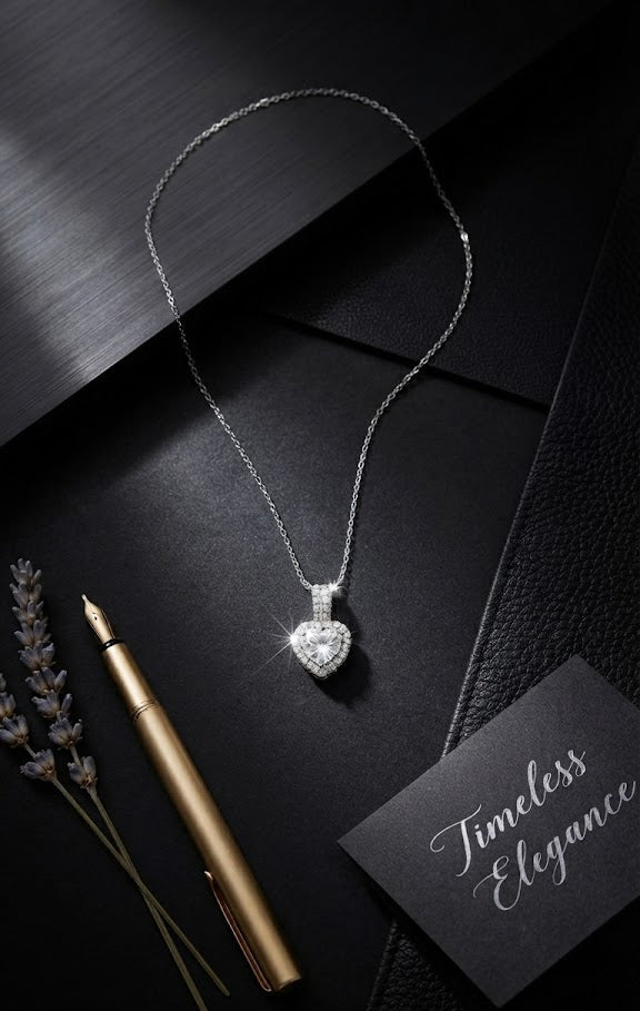 Silver CZ heart halo pendant necklace displayed on white marble surface in luxury Ethereal Gems jewelry boutique with warm lighting