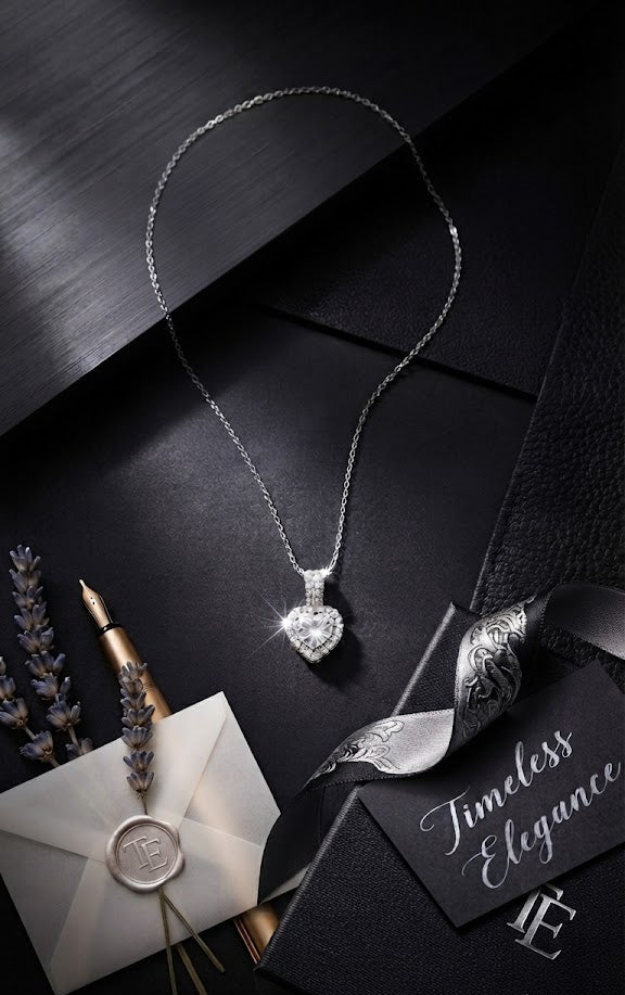 Silver CZ heart halo pendant necklace on black jewelry bust with Timeless Elegance card, gold fountain pen and lavender in luxury boutique setting
