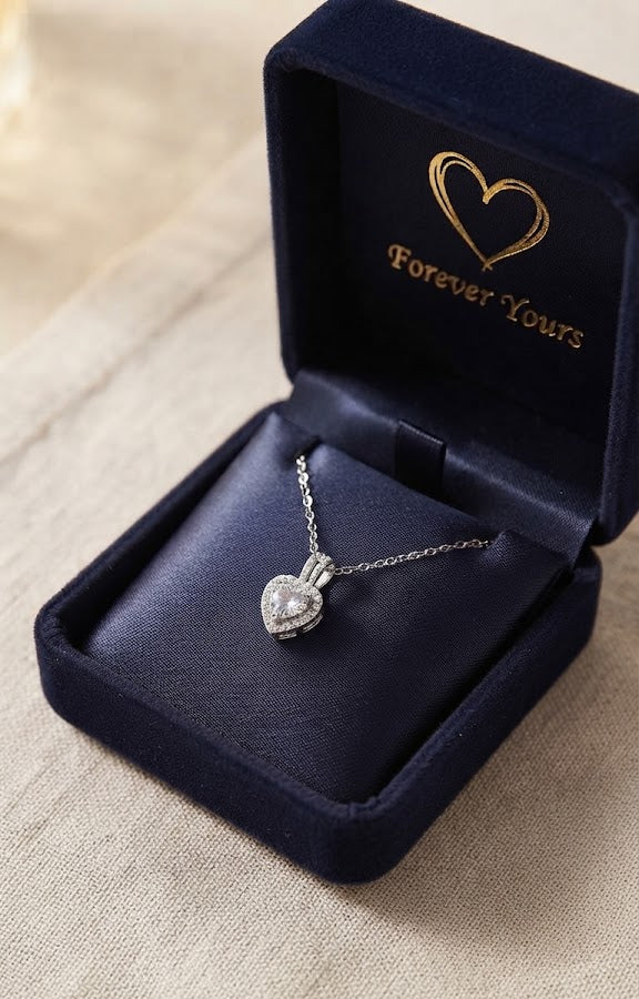 Silver cubic zirconia heart halo pendant necklace close-up showing brilliant-cut CZ centre stone and double-row pavé halo with baguette bail