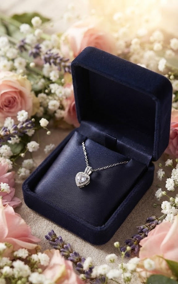 Silver CZ heart halo necklace styled on jewelry display with warm ambient lighting – AureliaBlends romantic heart pendant