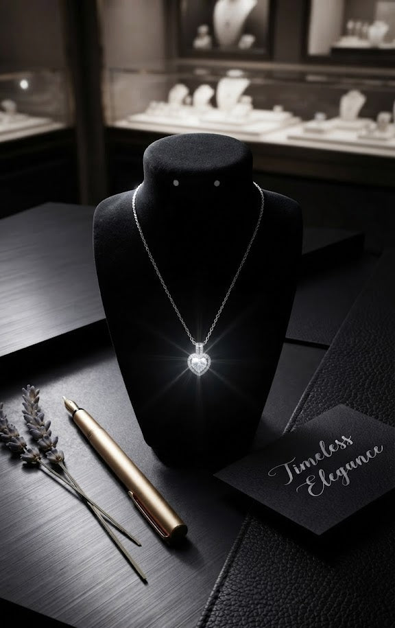 Silver diamond-look heart halo pendant necklace editorial flat lay with luxury styling props – AureliaBlends Timeless Elegance collection