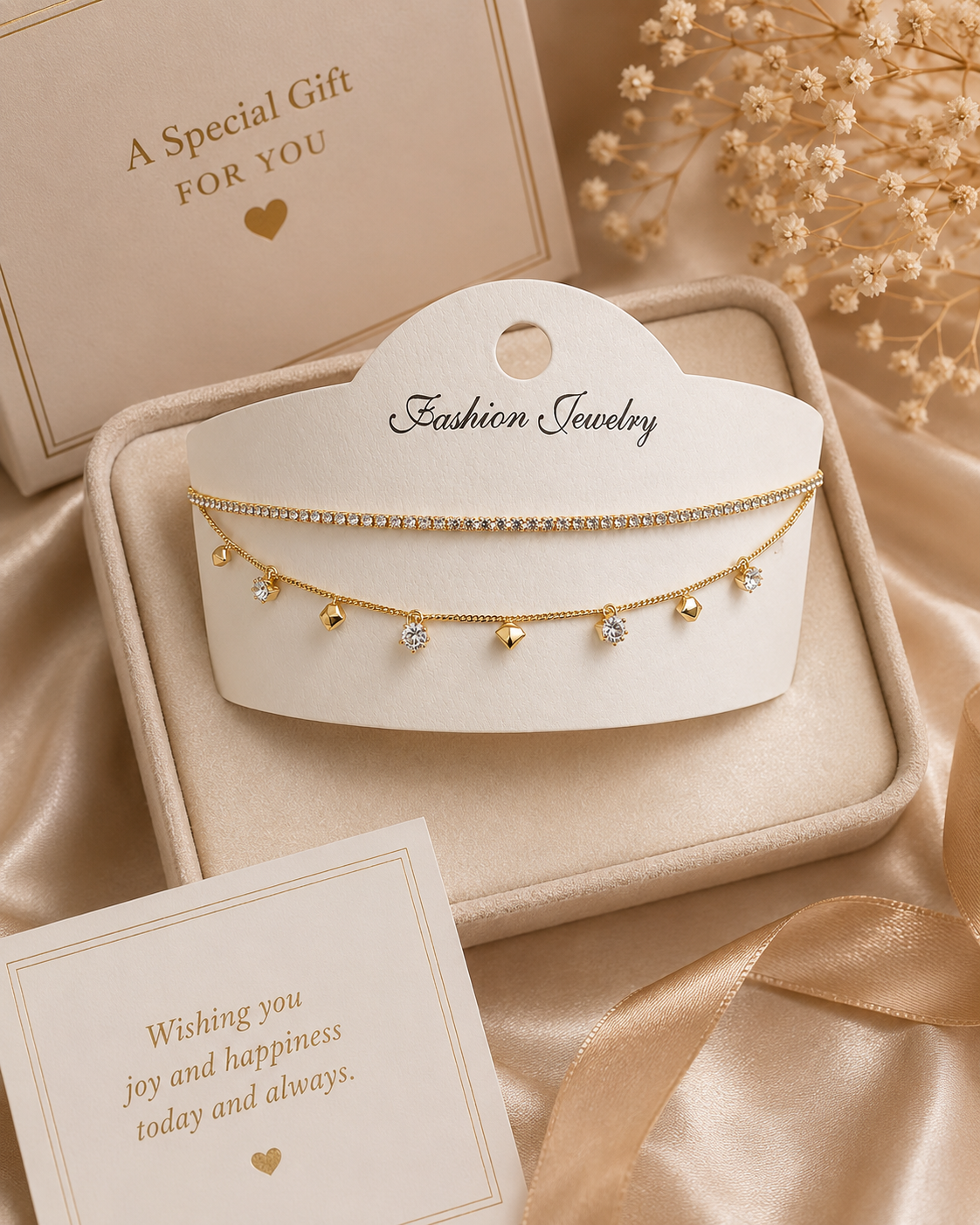 Gold double layer CZ tennis necklace and curb chain with CZ bezel and gold pyramid charm dangles in open beige velvet luxury jewelry box on cream satin – AureliaBlends