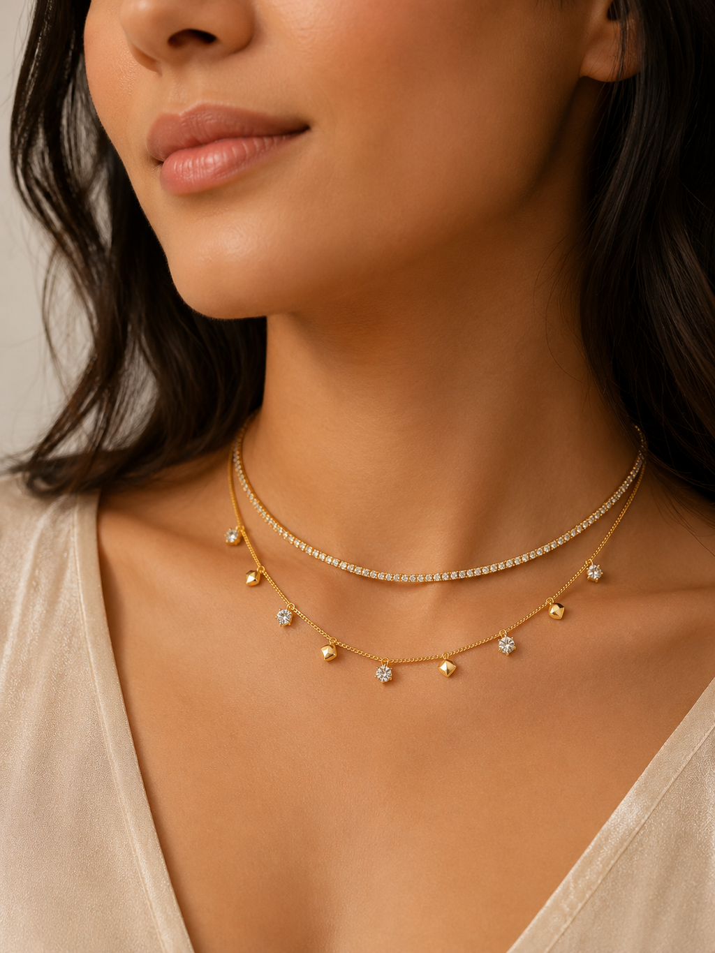 Indian woman wearing gold double layer CZ tennis necklace and curb chain with CZ bezel and gold pyramid charm dangles in cream V-neck top – AureliaBlends
