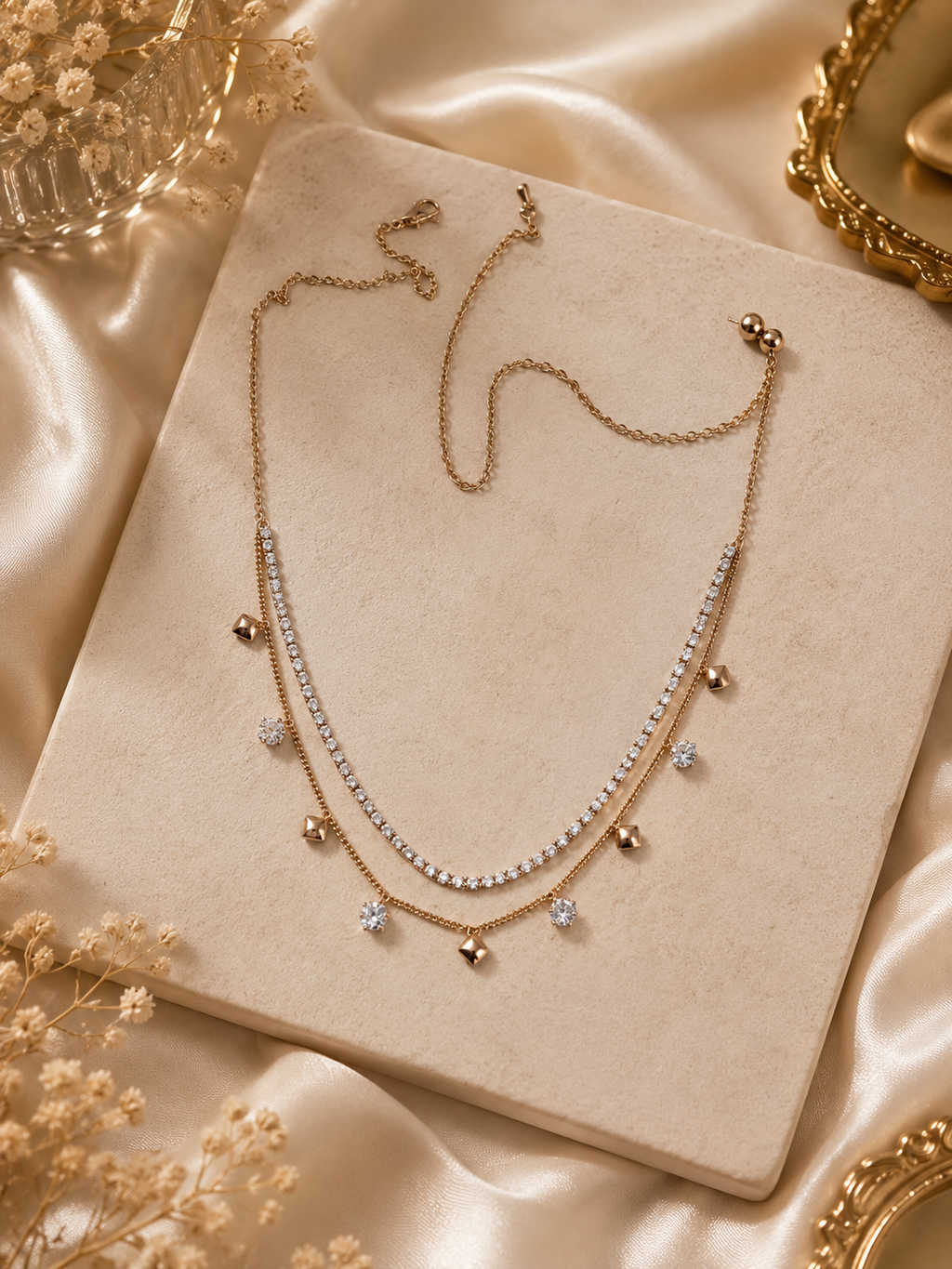 Gold double layer CZ tennis necklace and curb chain with CZ bezel and gold pyramid charm dangles flat lay on cream marble slab on gold satin with dried flowers and gold mirror – AureliaBlends