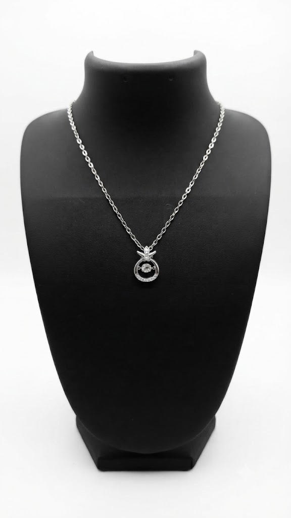 Silver crystal circle pendant necklace with dragonfly topper flat lay on dark grey satin with pearl, lavender and Timeless Sparkle card – AureliaBlends