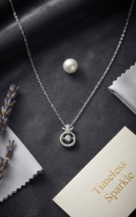 Silver CZ halo dragonfly circle pendant necklace on black velvet jewelry bust against black background – full length chain view
