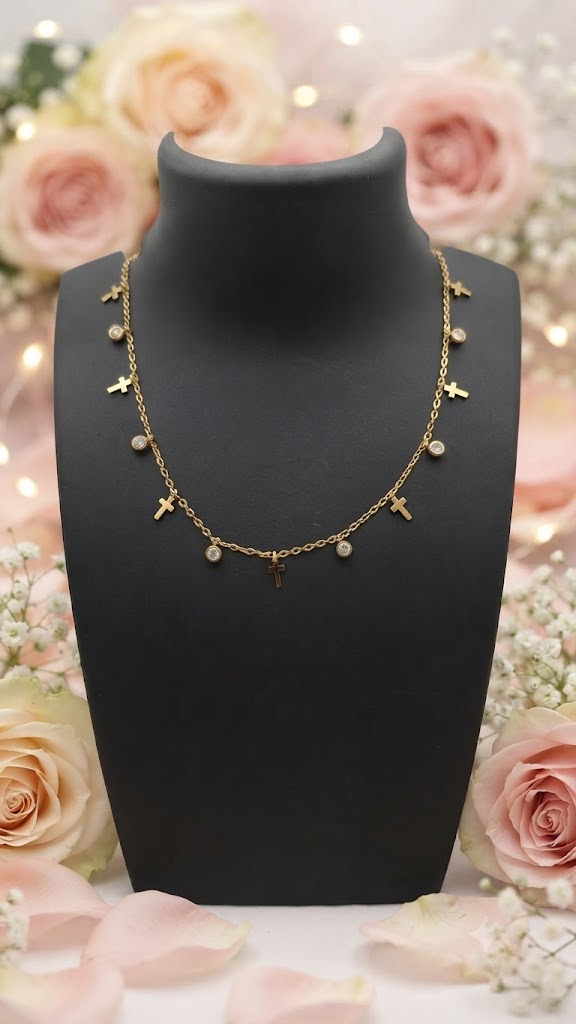 Gold cross charm and crystal necklace on black jewelry bust surrounded by pink roses and baby's breath flowers