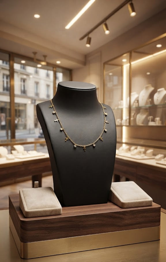 Gold cross charm necklace with crystal accents displayed on jewelry bust in luxury Parisian boutique window