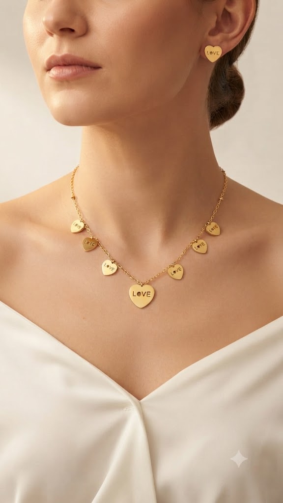 Gold love heart charm necklace and earrings set in navy blue velvet gift box with ribbon and To My Dearest tag surrounded by rose petals