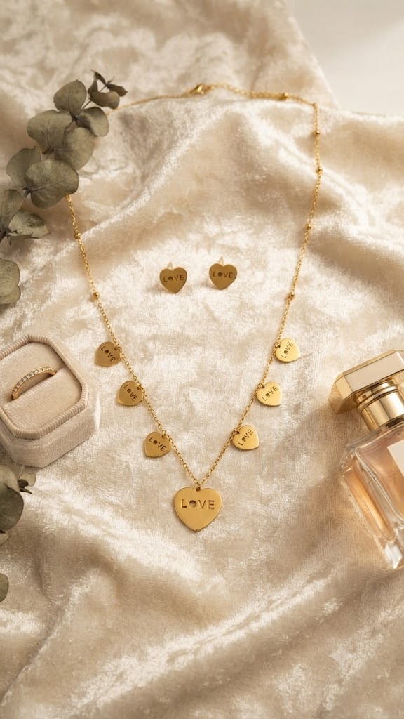 Gold love heart charm necklace and earrings set on black jewelry bust in luxury boutique display with warm lighting