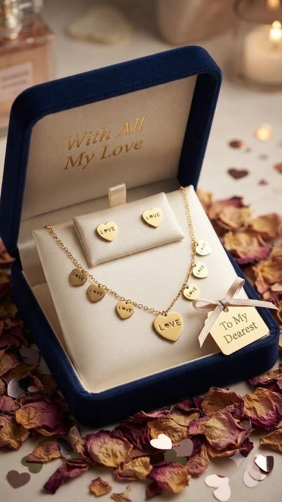 Gold LOVE heart charm necklace and stud earrings set on black jewelry bust in boutique with blue velvet display