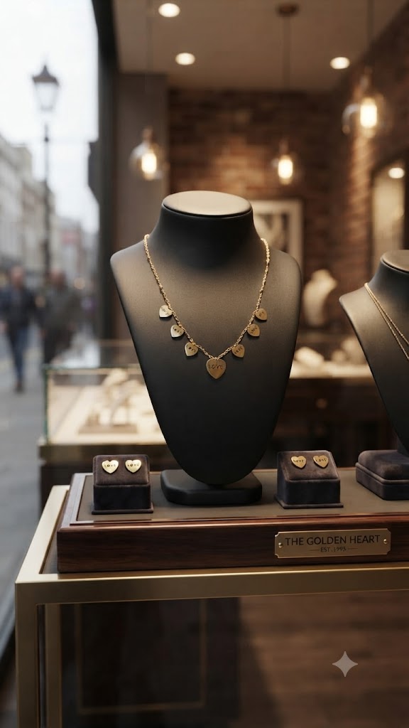 Gold love heart necklace and earrings set styled on jewelry display with warm ambient lighting