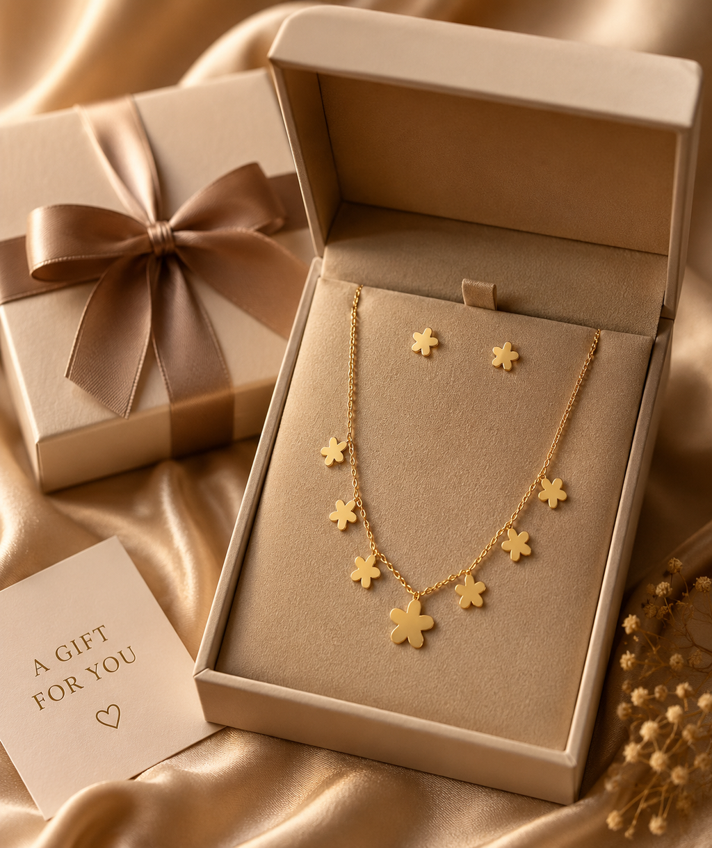 Gold flower necklace and earrings set in beige gift box with ribbon and gift card