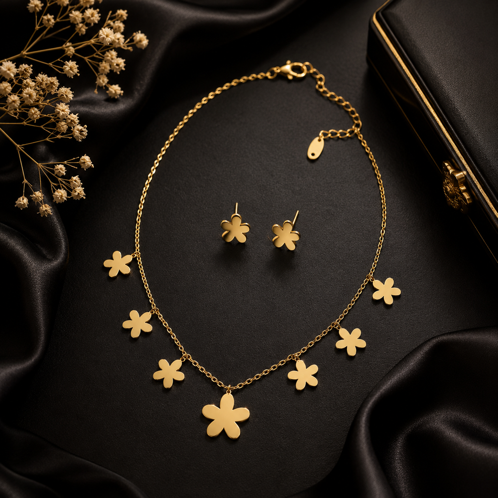 Gold daisy charm necklace and earrings set in black luxury jewelry box with shopping bag