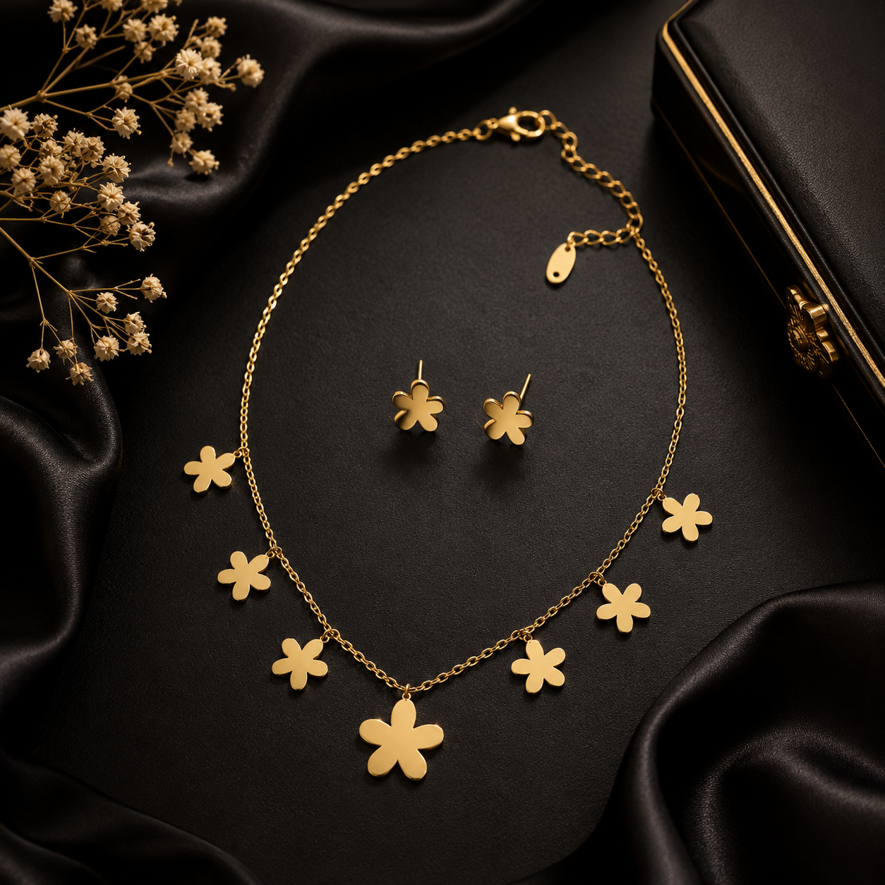 Gold daisy charm necklace and earrings set in black luxury jewelry box with shopping bag
