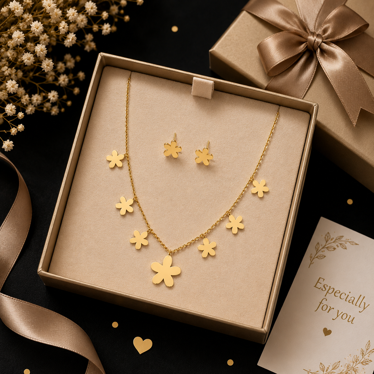 Gold flower necklace and earrings set in beige gift box with especially for you card and ribbon