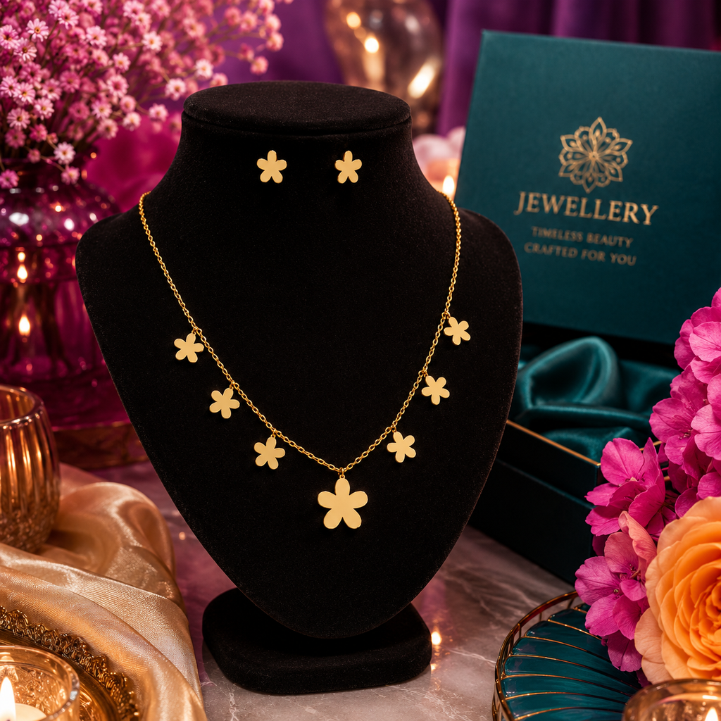 Gold flower necklace and earrings set in beige gift box with a gift for you card on gold satin