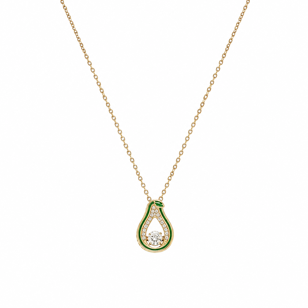 Woman wearing gold green enamel teardrop CZ pendant necklace with cream V-neck silk dress in warm interior setting – AureliaBlends Jade Pear Collection lifestyle shot