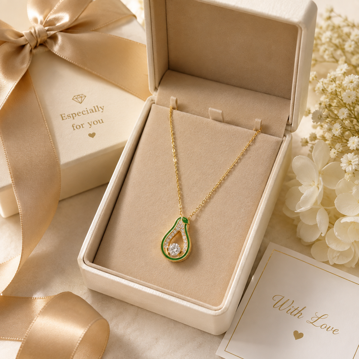 Gold green enamel teardrop CZ pendant necklace in open ivory velvet gift box on black marble surface with candle and gold satin pouch – AureliaBlends luxury jewelry UAE Dubai